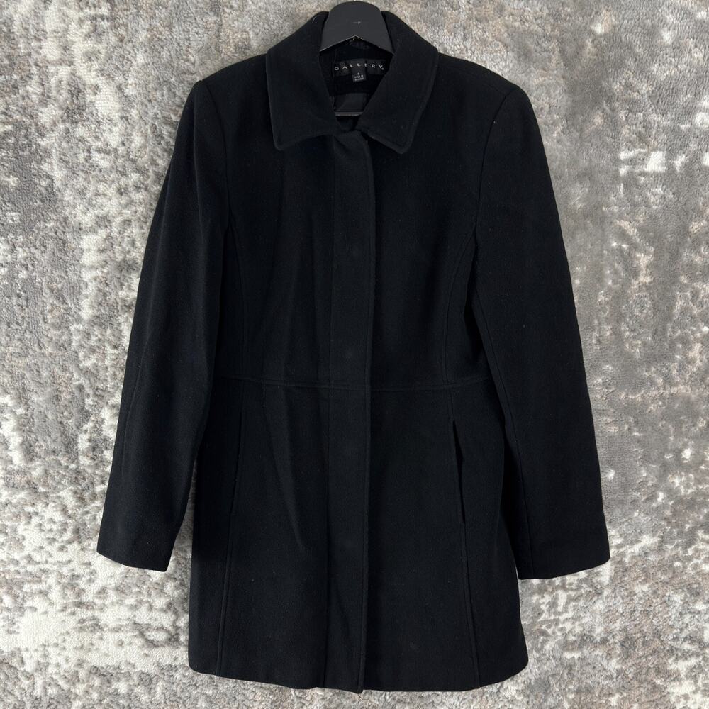 Gallery Size S Wool Blend Snap Button Outdoor Coat Black Long Sleeve Collar Line